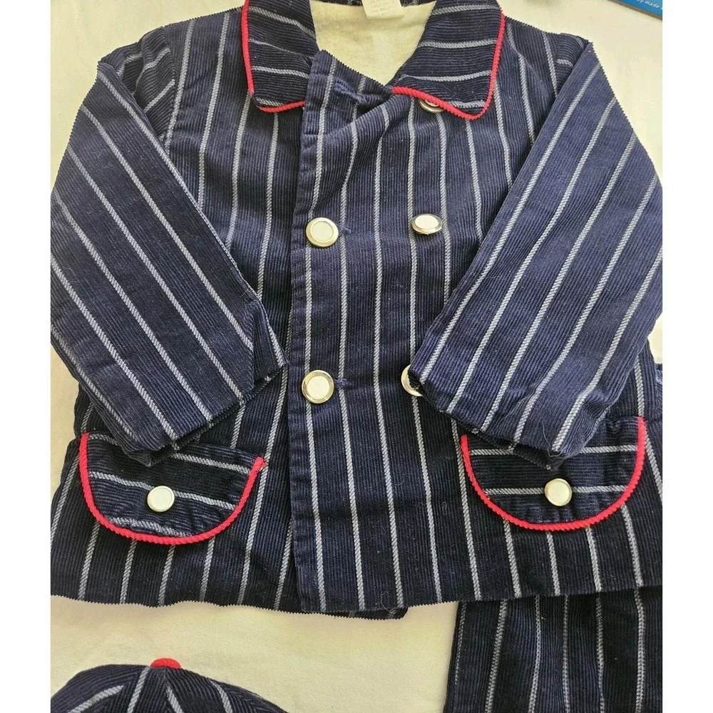 Vtg 70s By Thomas Blue Striped Corduroy 3 Pc Kids Suit Blazer Pants Hat Set 3T